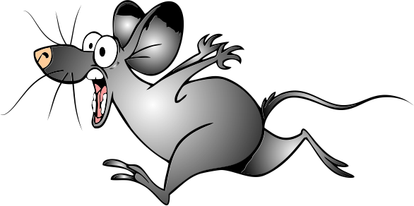 A cartoon mouse running away from minus bite all natural run away rodent spray, effective against mice, rats and raccoons.