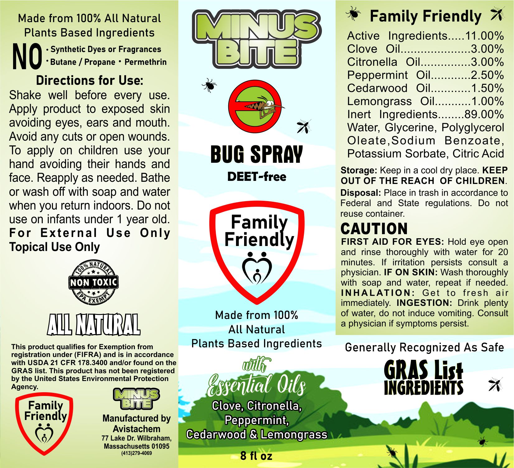 Label for Minus Bite All Natural bug spray