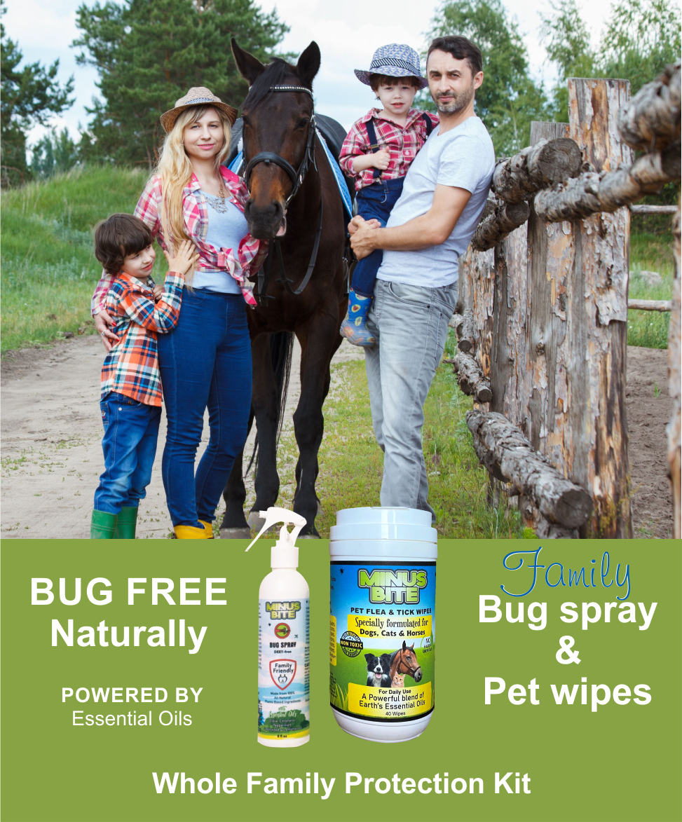 Family Bundle Advertising for Minus Bite all natural pest repellents. Be bug free naturally with bug spray and pet wipes. The bugs won't even know you are there. A family of 4 standing on a dirt road next to a wooden fence and a big brown horse standing in the middle of the family.