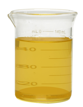 A darkish yellow essential oil in a flask, it's fresh Lemongrass oil. 