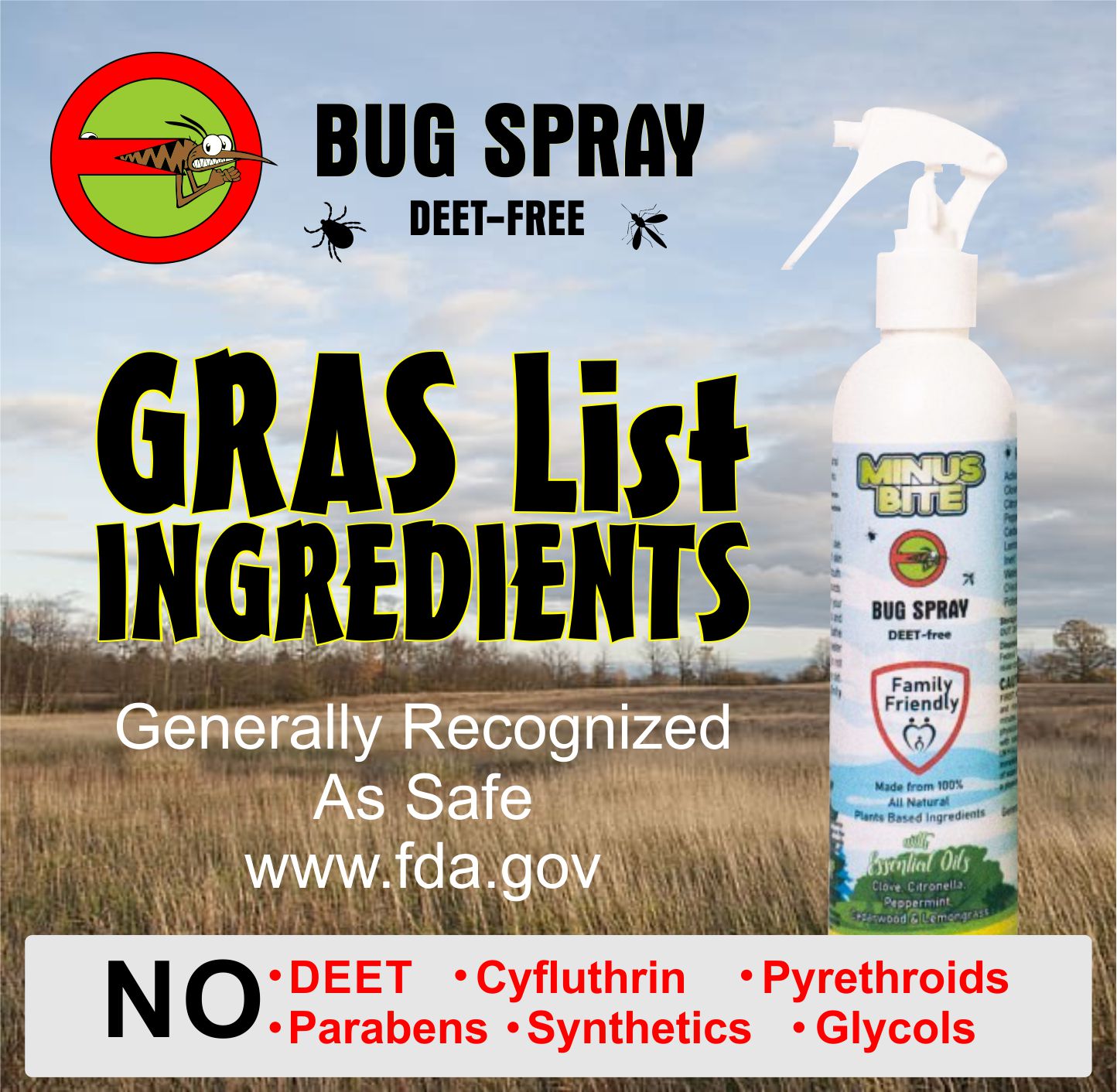 A hay field with a blue sky and a bottle of Minus Bite All Natural Bug Spray sitting on the grass. Minus Bite Bug Spray is DEET-FREE with GRAS List ingredients meaning Generally recognizes as safe.