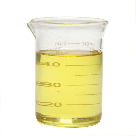 A beaker full of pale yellow liquid, polyglycerol oleate. Used as a natural stabilizer in Minus Bite products.