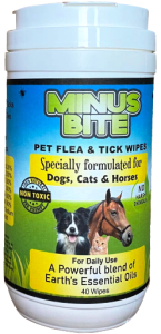 A container of Minus Bite Flea & Tick Wipes for dogs, cats and horses. 40 wipes