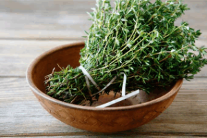 Fresh thyme cuttings in a bowl to make all natural thyme essential oil, an ingredient found in minus bite all natural pest repellents.