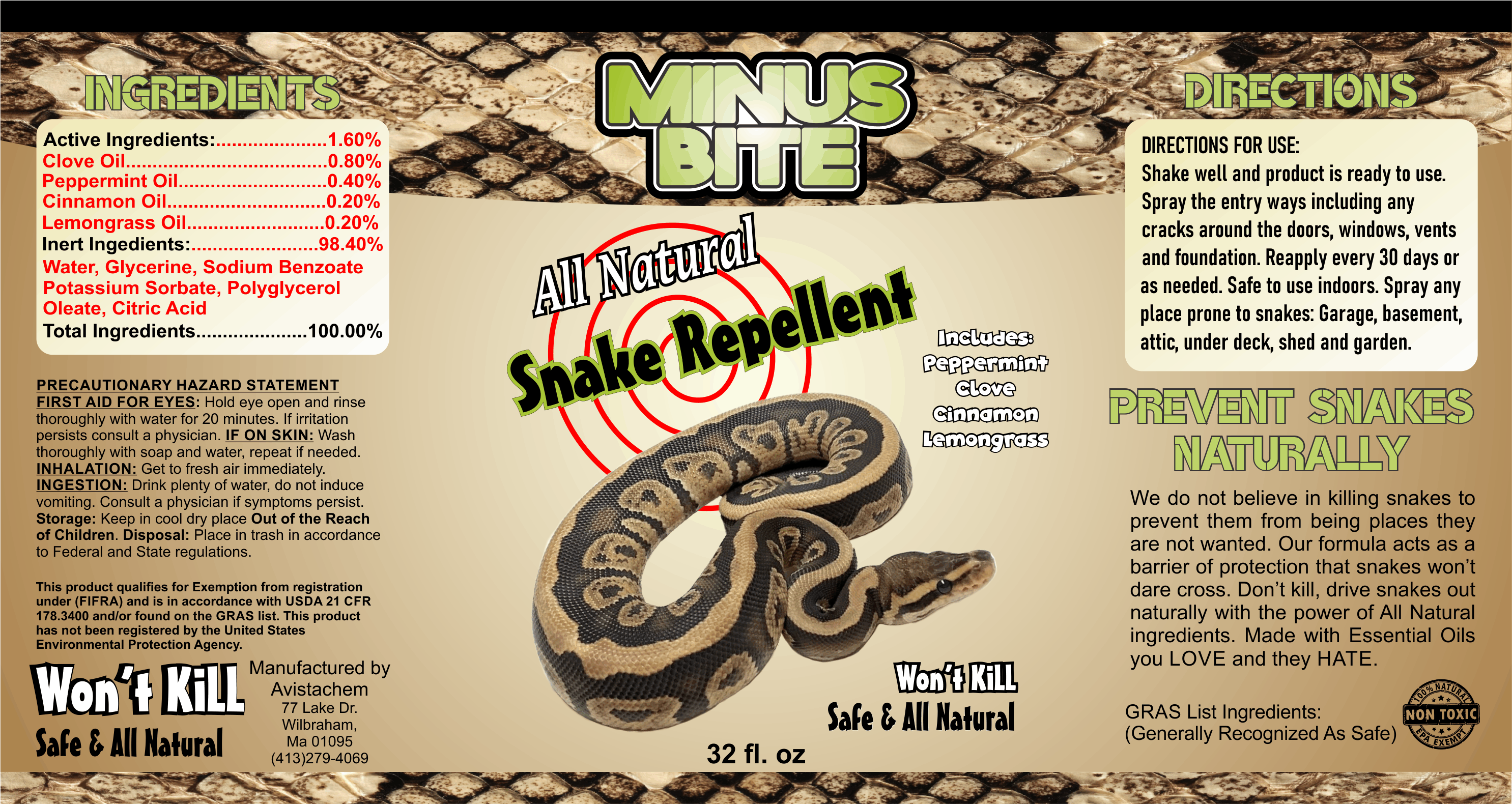 The label for Minus Bite all natural snake repellent.